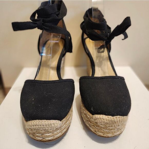 Michael Kors Black Canvas Wedge Heel Tie-up Mk Logo Espadrilles Sz.6 Ret.$184 - Picture 6 of 11